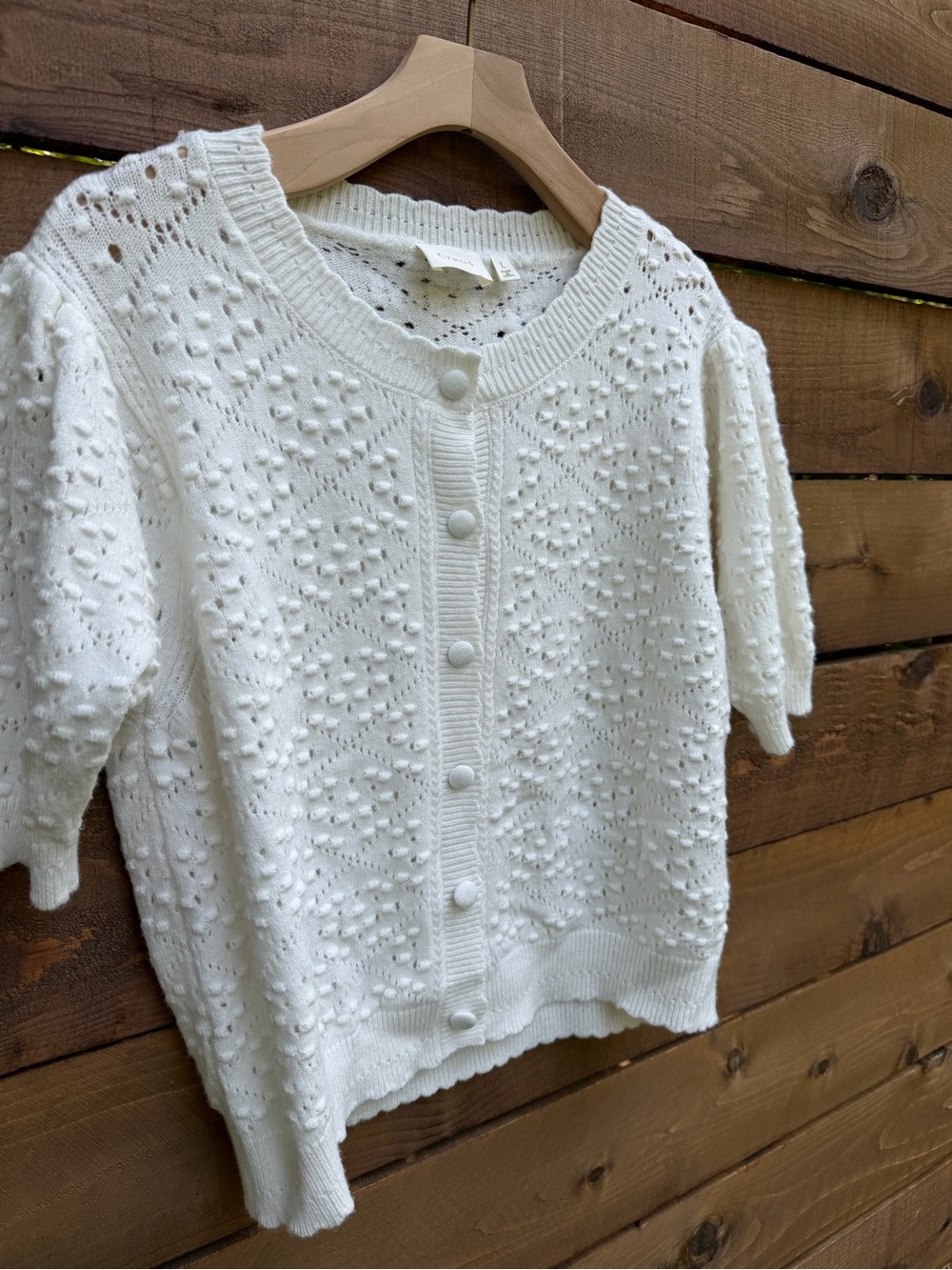 Cyrus Cream Openwork Knit Button-Up Short Sleeve Sweater Cardigan Blouse - Picture 6 of 8